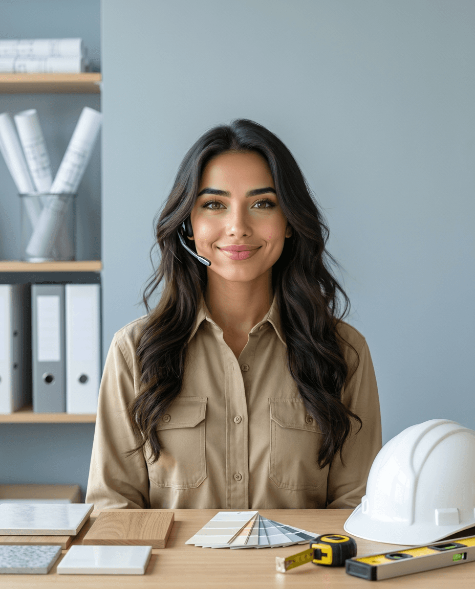 Maria, the virtual assistant behind Maria Sites, depicted at a contractor's front desk with a headset