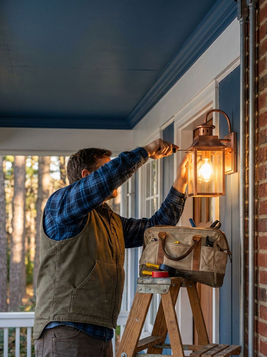 A freshly installed porch light glowing softly against a backdrop of painted board siding, surrounded by the shadows of loblolly pines in the warm evening light.