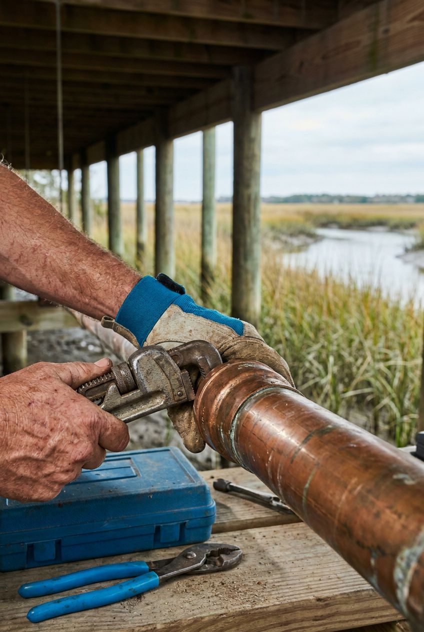 A weathered copper pipe being fitted under a raised Charleston home, with marsh grass and tidal creek visible through the pilings.