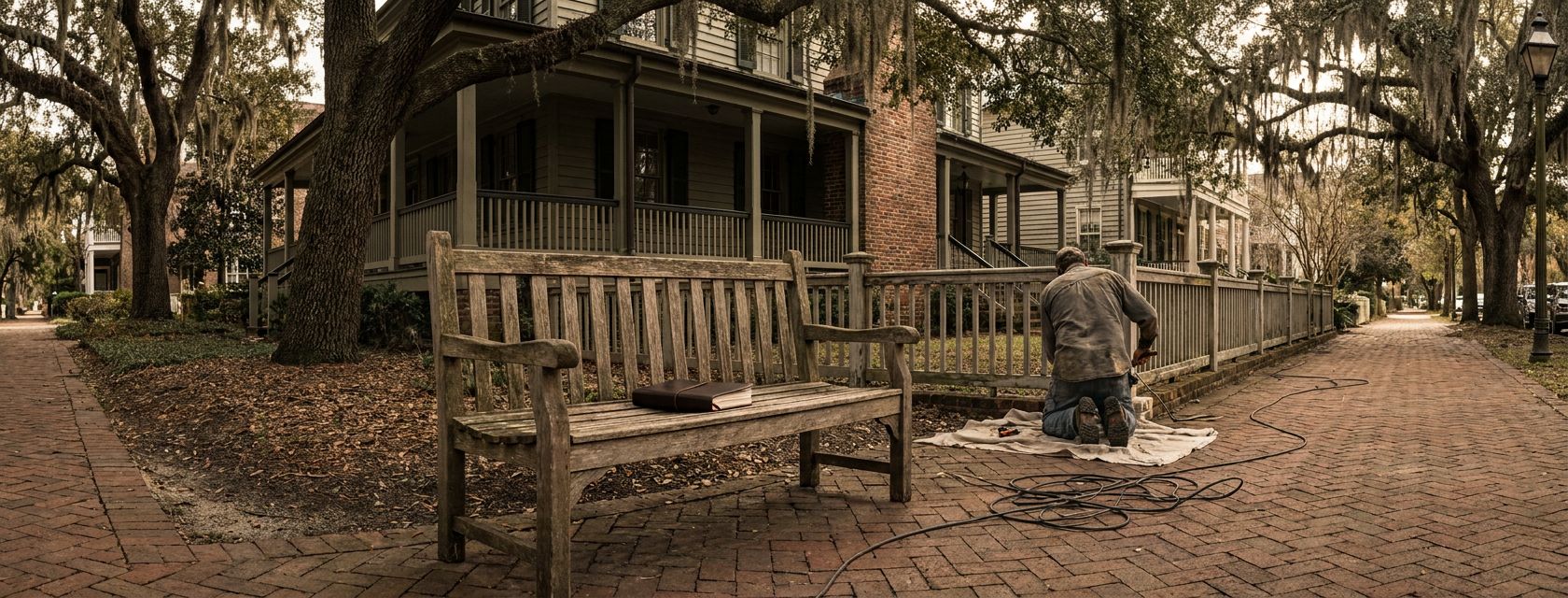 A weathered wooden bench on a shaded brick walkway, flanked by live oaks draped in Spanish moss, with a leather-bound legal notebook resting on its slats.