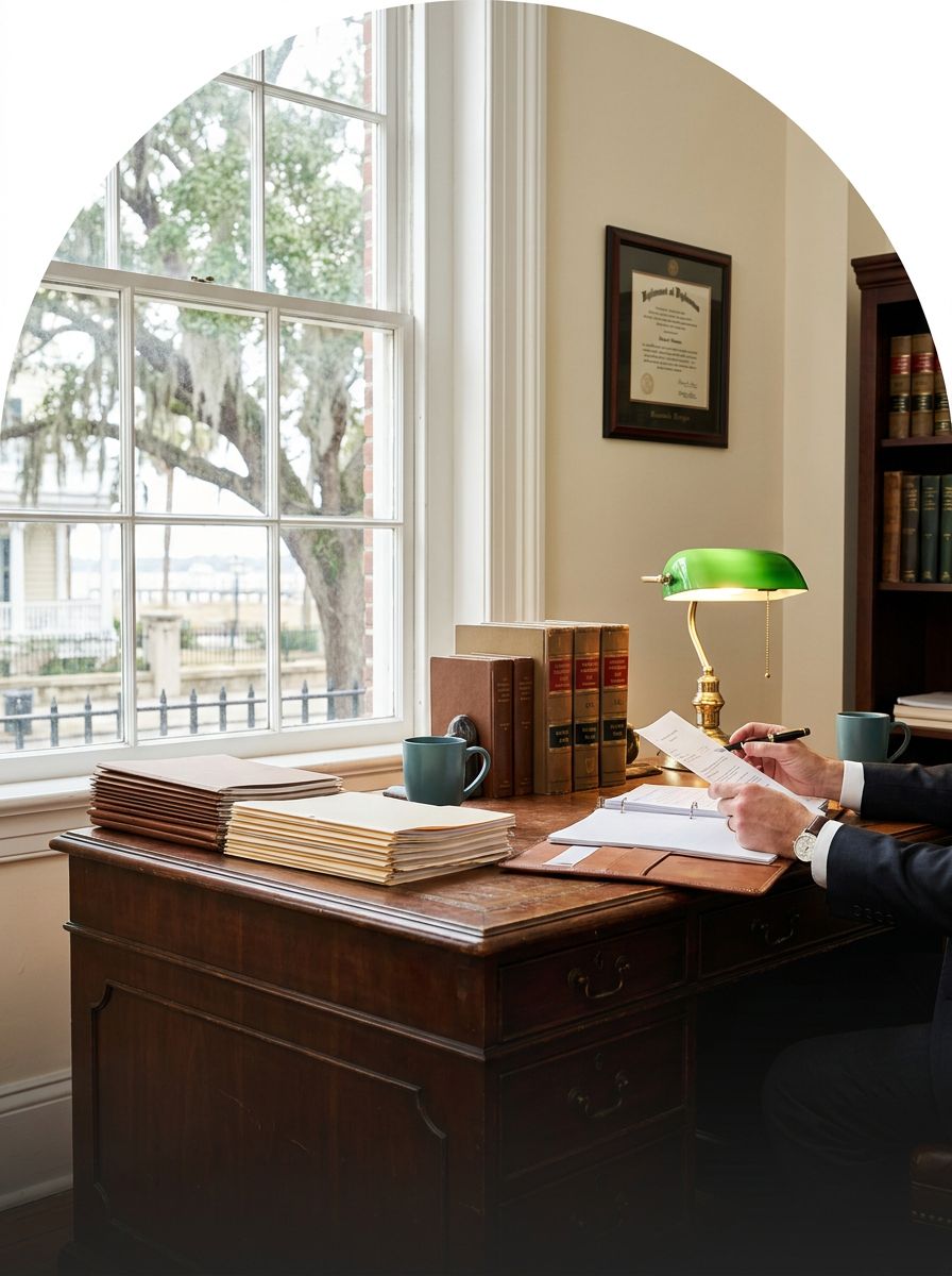 An antique wooden desk in a softly lit office, stacked with neat folders and a brass lamp, framed by a window overlooking a moss-draped live oak.
