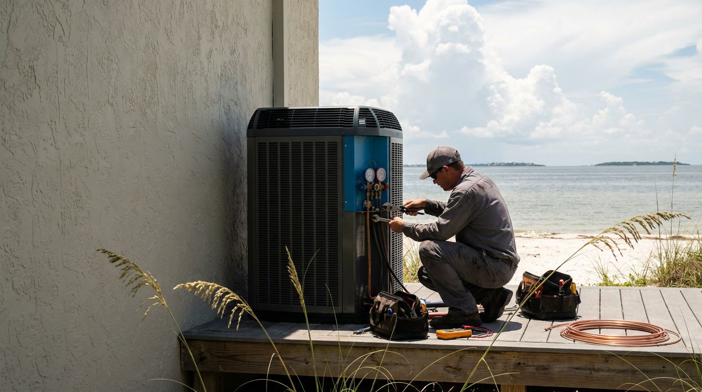 A technician in a grey uniform crouches on a raised deck, adjusting a sleek HVAC unit nestled against a stucco wall, with sea oats swaying in the foreground and the flat calm Gulf water shimmering in
