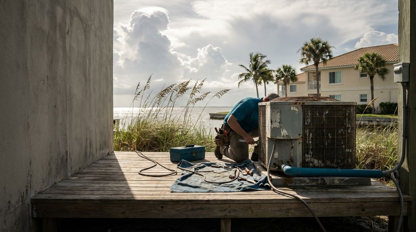A weathered HVAC unit on a raised deck, its metal housing dulled by salt air, with sea oats bending in the breeze and the Gulf shimmering in the distance.