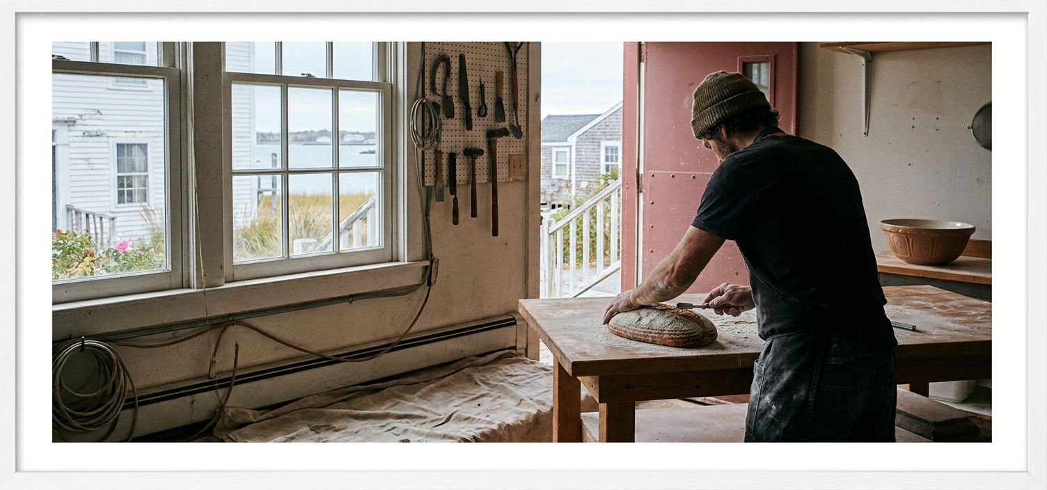 A rustic wooden table by a window, morning light catching the flour dust on a freshly scored sourdough loaf, marsh grass visible through the glass.