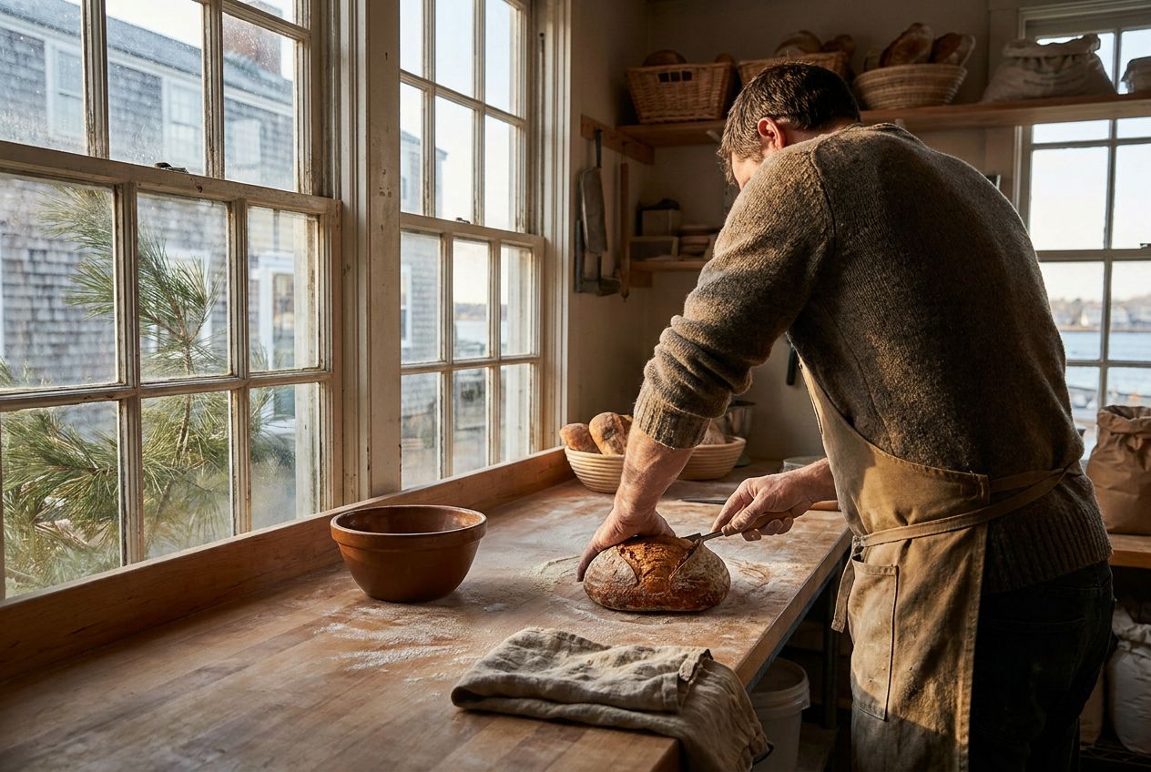 A wooden worktable dusted with flour, striped by morning light through a salt-fogged window, with a half-scored loaf and a pine branch pressed against the glass.