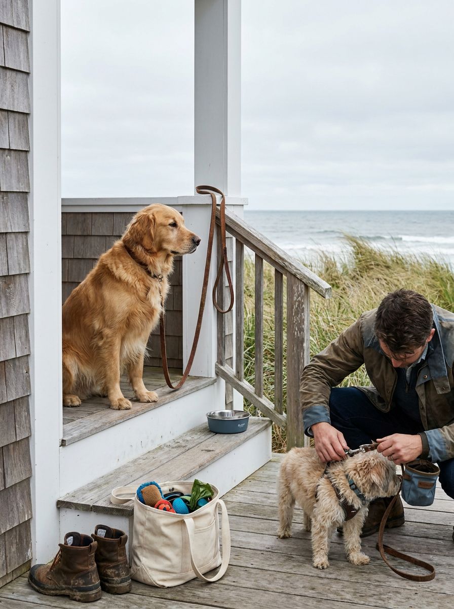 A weathered cedar shingle house with a white clapboard porch, where a golden retriever sits patiently on the steps, leash draped over a salt-worn railing, marsh grass swaying in the cool Atlantic bree