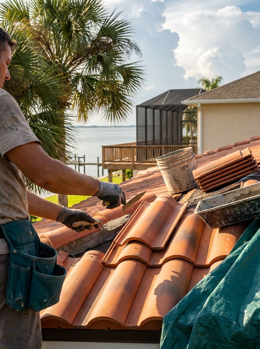 A newly installed barrel-tile roof gleaming in the late afternoon sun, framed by sabal palms and the calm Gulf waters in the distance.