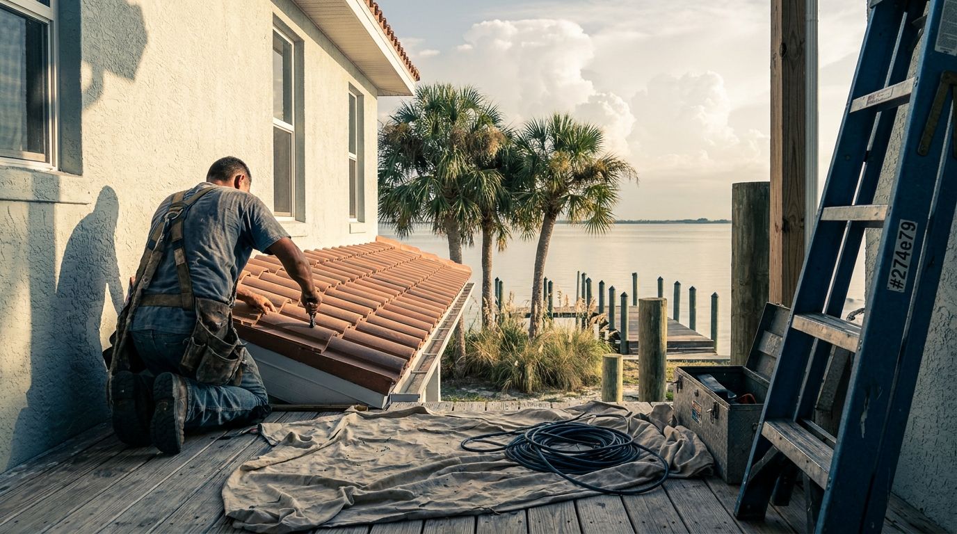 A freshly installed barrel-tile roof on a pale stucco home, surrounded by sabal palms, with hazy Gulf light reflecting off the calm water in the background.