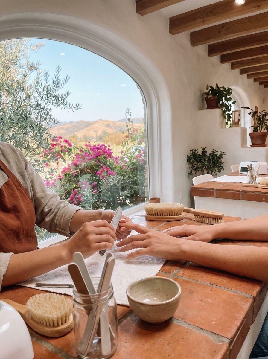 A manicure in progress at a sunlit station, with bare hands resting on terracotta tile, bougainvillea visible through the window against golden hills.