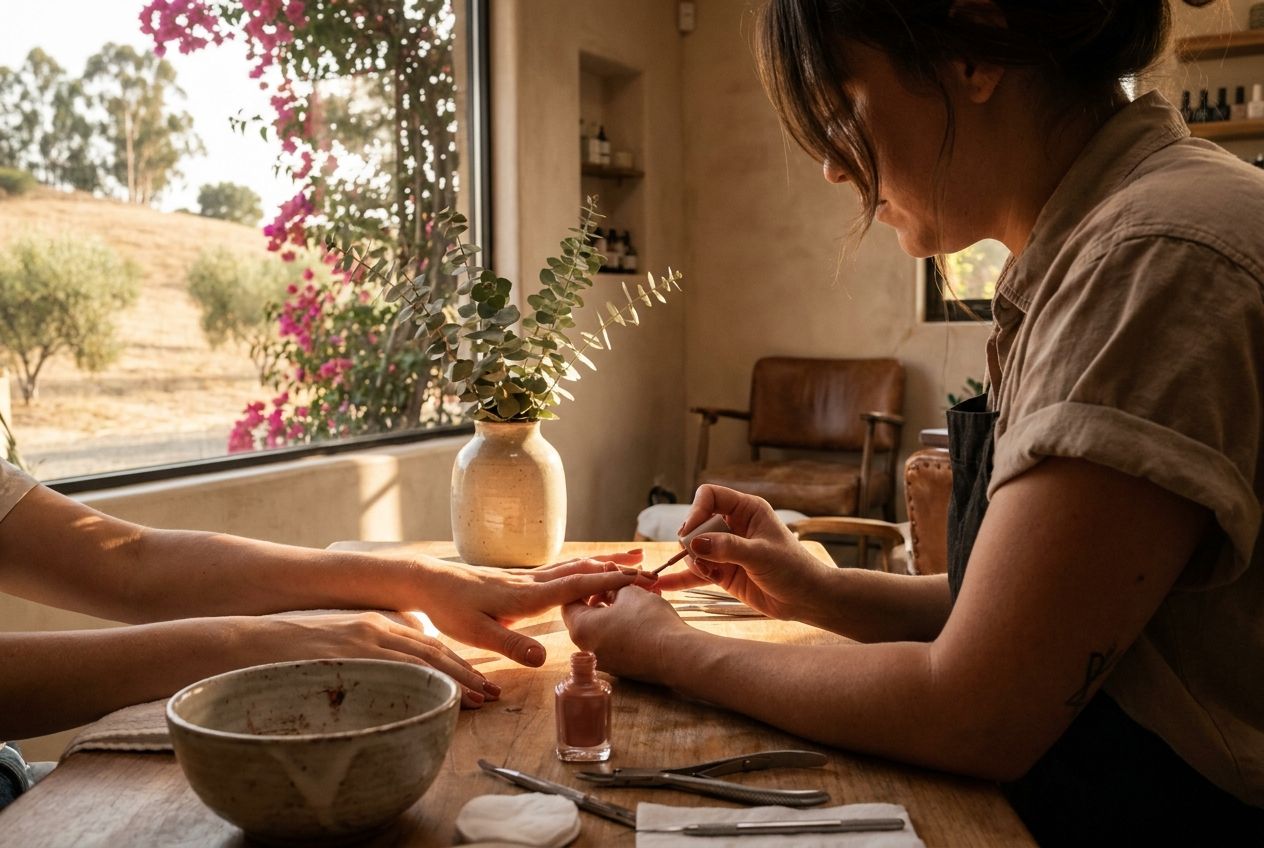 A manicurist’s hands, softly lit by warm sunlight from a window framed by bougainvillea, carefully applying a muted terracotta polish to a client’s nails, with eucalyptus sprigs in a vase nearby.